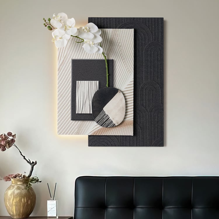 Moderne zwart-witte wanddecoratie met warm LED-licht en nepochidee — 600 mm x 490 mm