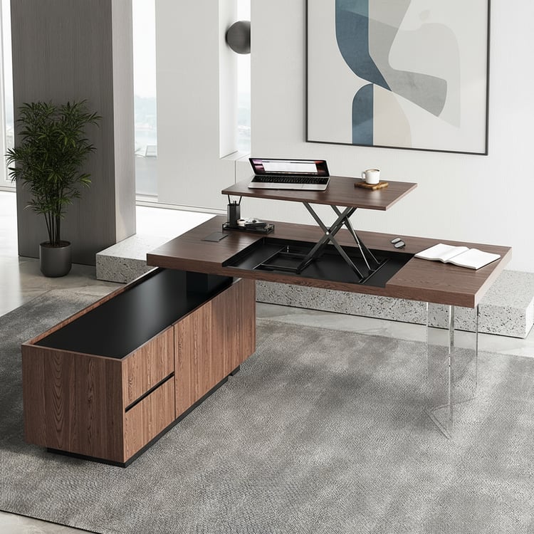 71.5" Modern Walnut Standing L-Shape Executive Desk with Side Cabinet and lifter Desktop