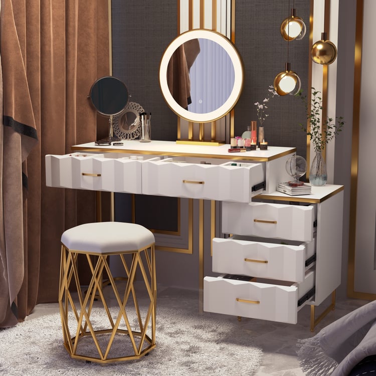 Modern White Extendable Makeup Vanity 5 Drawers Dressing Table Set with Stool and Mirror