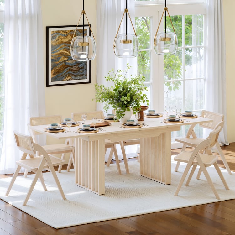 Mesa de comedor extensible Japandi de 140-220 cm blanqueada, para 4-8 comensales