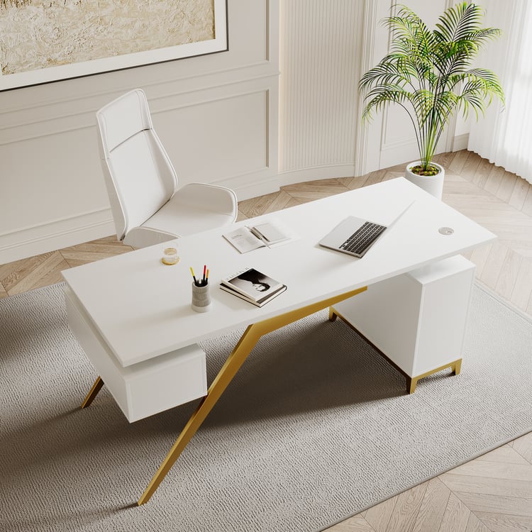 Hungled 1800mm Modern White Computer Desk Luxury Gold Office Desk with Storage & Cabinet