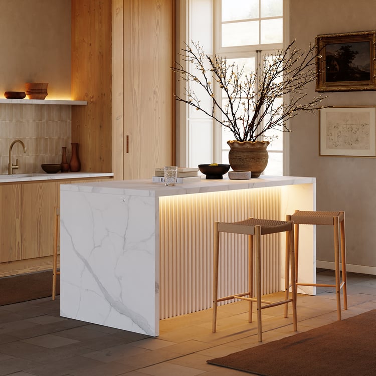 Isla de cocina moderna en cascada de 1800 mm con luz y almacenamiento