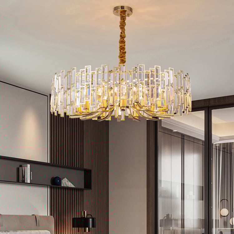 Lampadario moderno in cristallo geometrico Clytia a 14 luci con catena regolabile in oro