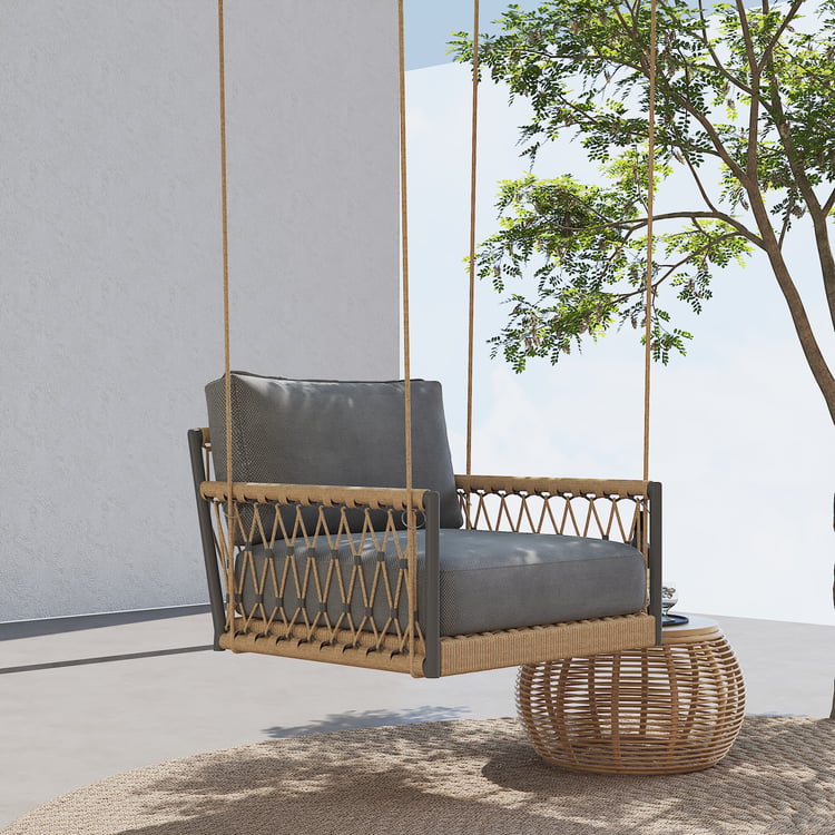 Sofá giratório Ropipe Boho de 1 lugar com corda cáqui para pátio externo com almofada cinza
