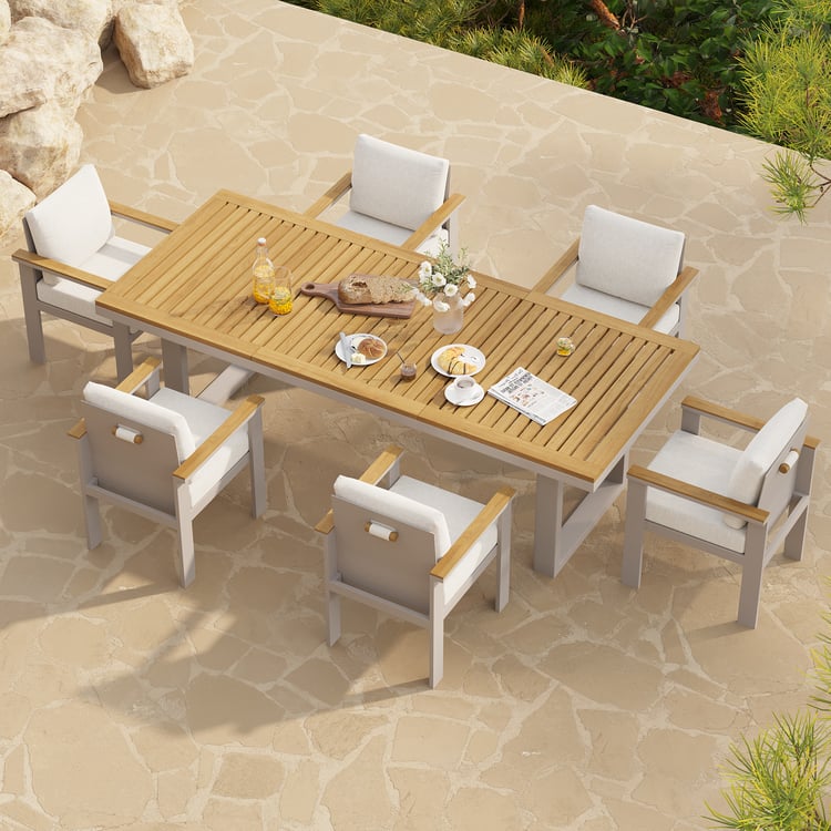 Ensemble de salle à manger rectangulaire Axis pour terrasse extérieure en teck et aluminium, 7 pièces, pour 6 personnes
