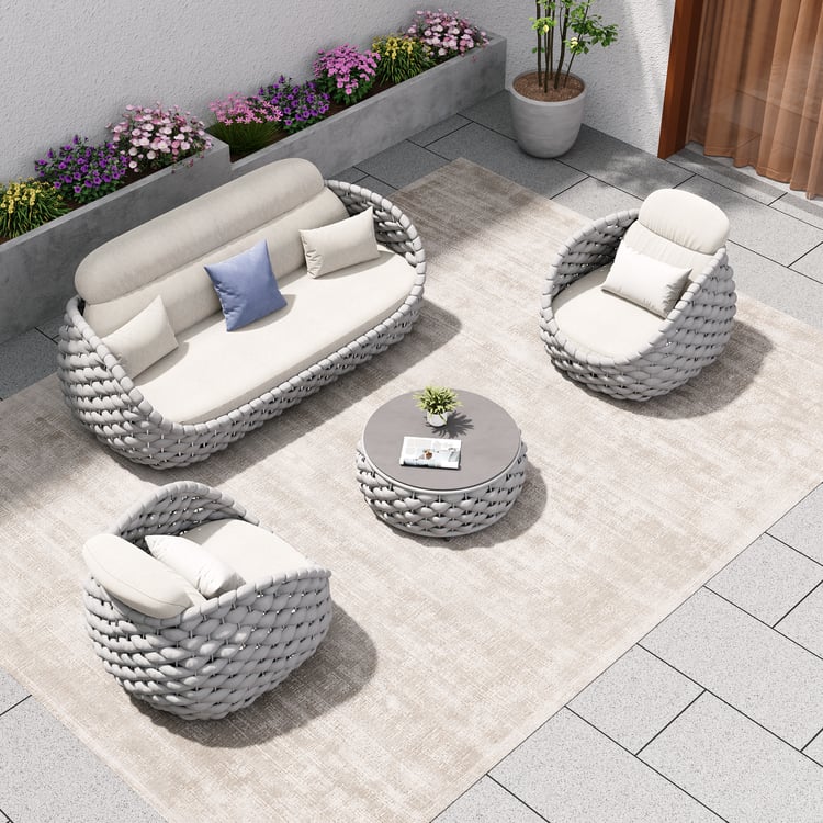 Cocaro 4-Piece Outdoor Rope Weave Swivel Sofa Set with Coffee Table in Grey & White