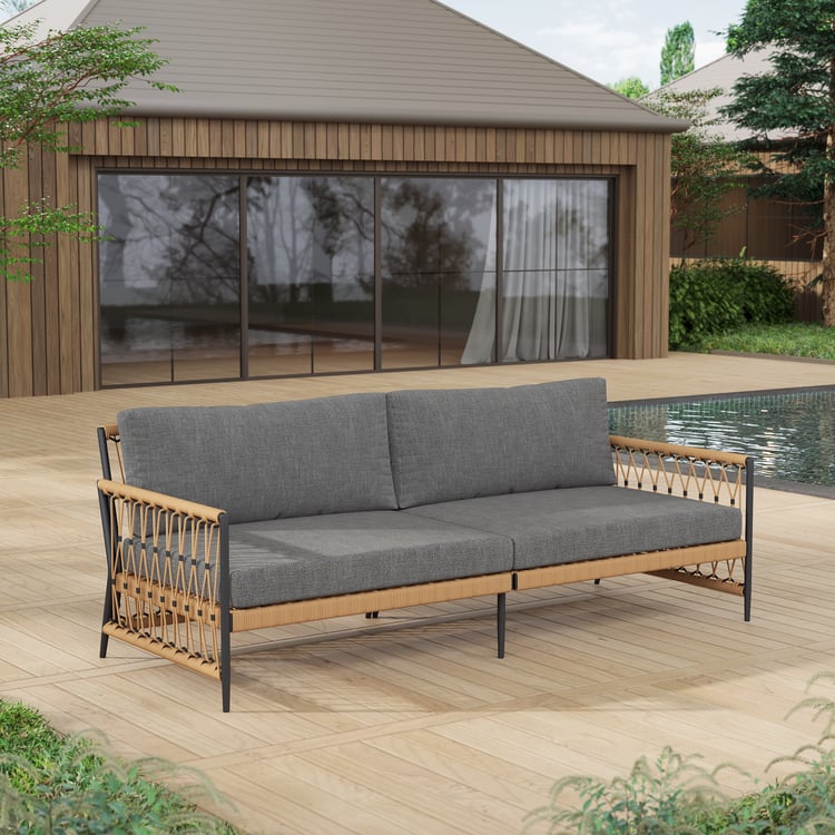 Ropipe buitenbank van geweven touw, 3-zitsbank met donkergrijs kussen van polyester