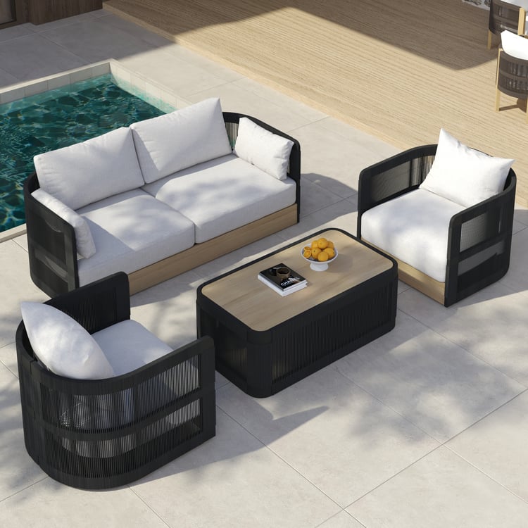 Costra Garden Set with 1 Sofa, 2 Swivel Armchairs, and 1 Woven Rope Coffee Table - Black