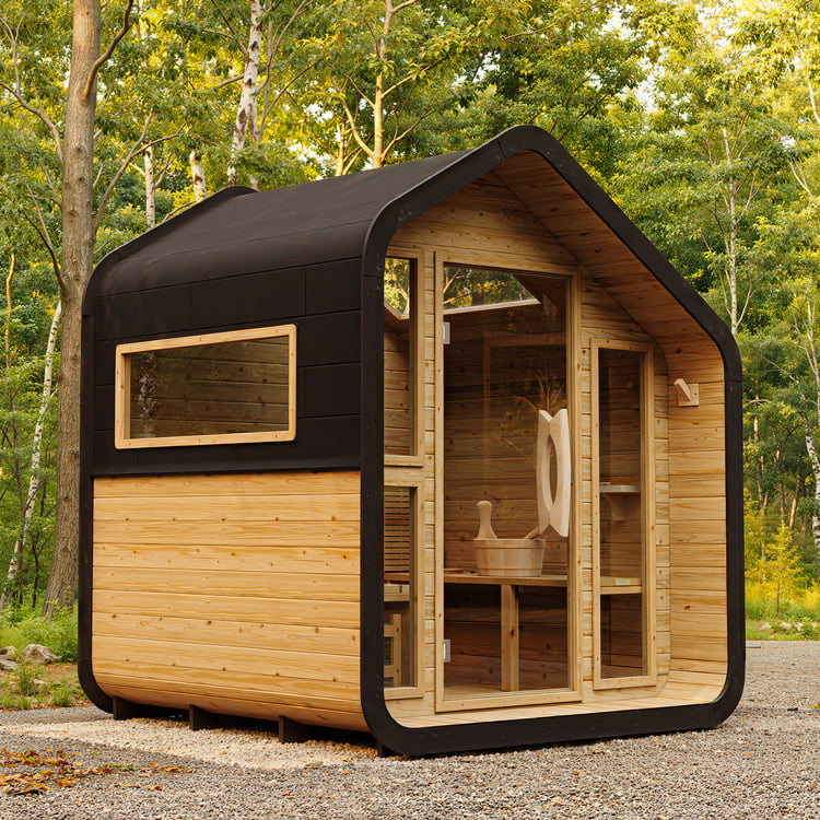 Outdoor Rustic Wooden Sauna with Front Porch Canopy