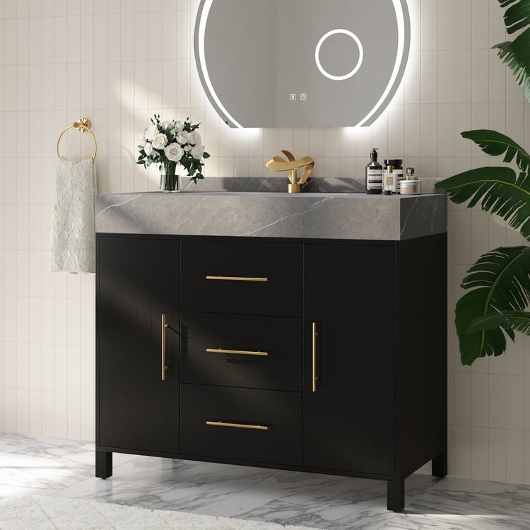 1000mm Freestanding Black Bathroom Vanity, Sintered Stone Countertop & Gold Handles