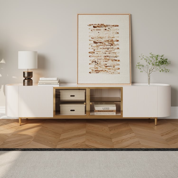 Palley Modern Oval TV Stand with Storage & Glass Doors in White for TV Up to 85 Inch