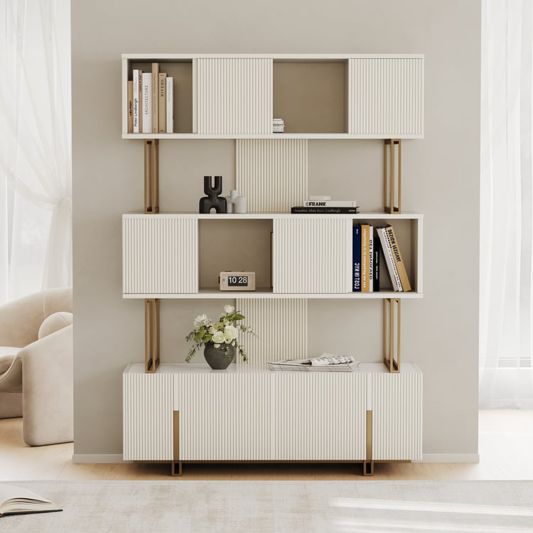 Off-white Sliding Door Etagere Bookshelf 5-Shelf Tall Book Shelf Rich Storage-170cm