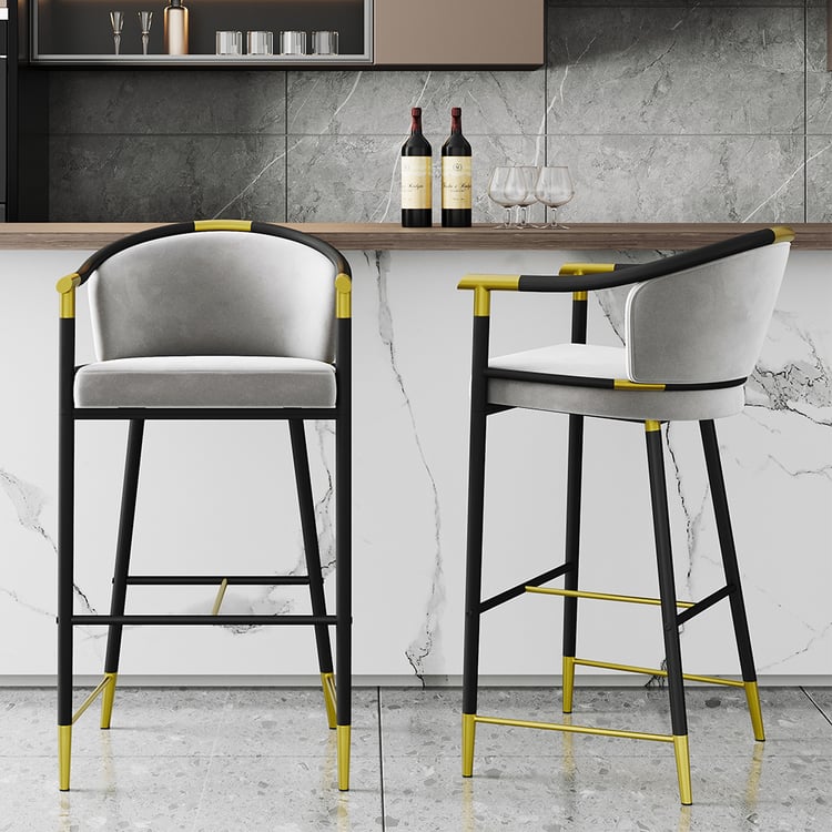 Cranis Gray Velvet Bar Stool with Upholstered, 1 Piece
