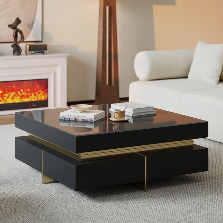 Black Modern Square Coffee Table with Drawers Tempered Glass Top & Metal Legs
