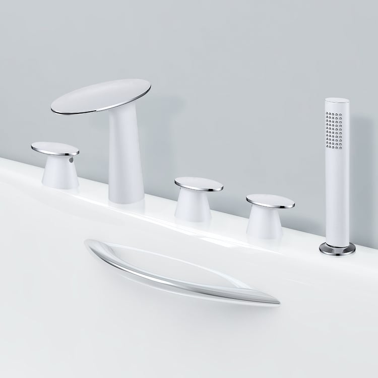 Waterfall Deck Mounted Roman Bathtub Faucet with Handshower Stainless Steel White