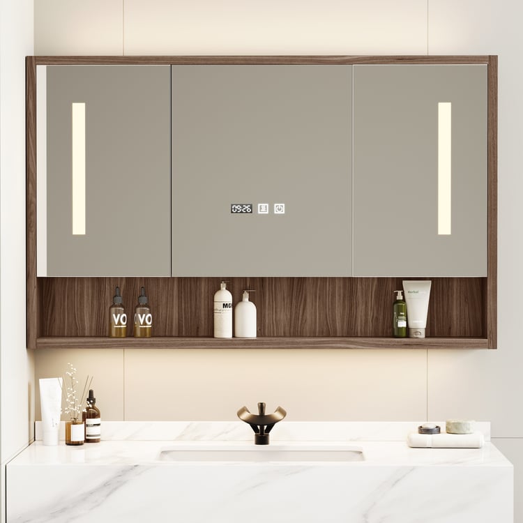 100 cm Walnut LED Medicine Cabinet with Adjustable Lighting, Demister and Digital Clock