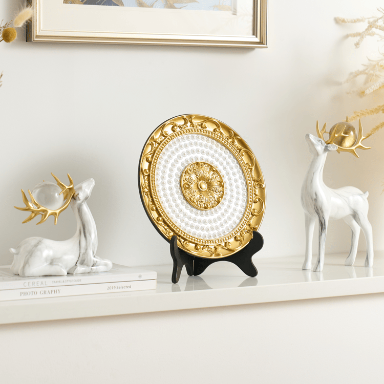 3 stuks gouden hertenbeeldje met decoratieve bordenset, luxe dierensculpturen van hars