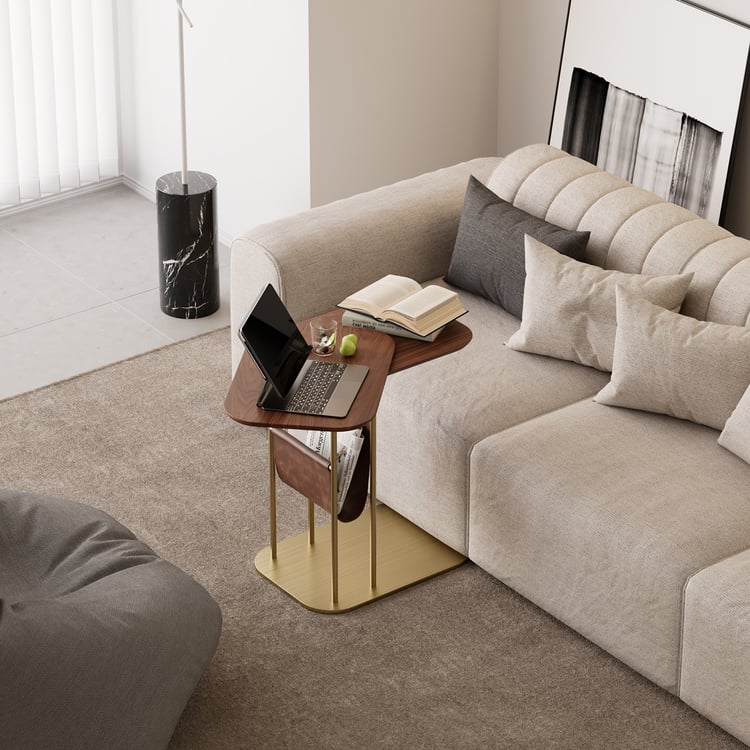 Table D'appoint Forme C Réglable En Hauteur KUKKUME - Plateau Pivotant 360°, Roulettes, étagère Basse - Pour Canapé, Salon, Chambre, Couleur Marron Rétro