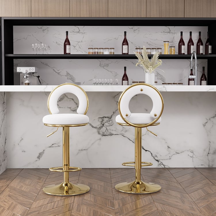 Set of 2 White Velvet Swivel Bar Stool or Counter Stool with Hollow Out Back Adjustable