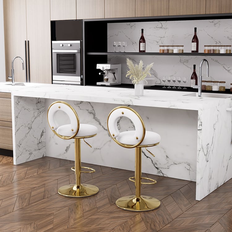 2 Pack White Velvet Swivel Bar Stools, Hollow-Out Back