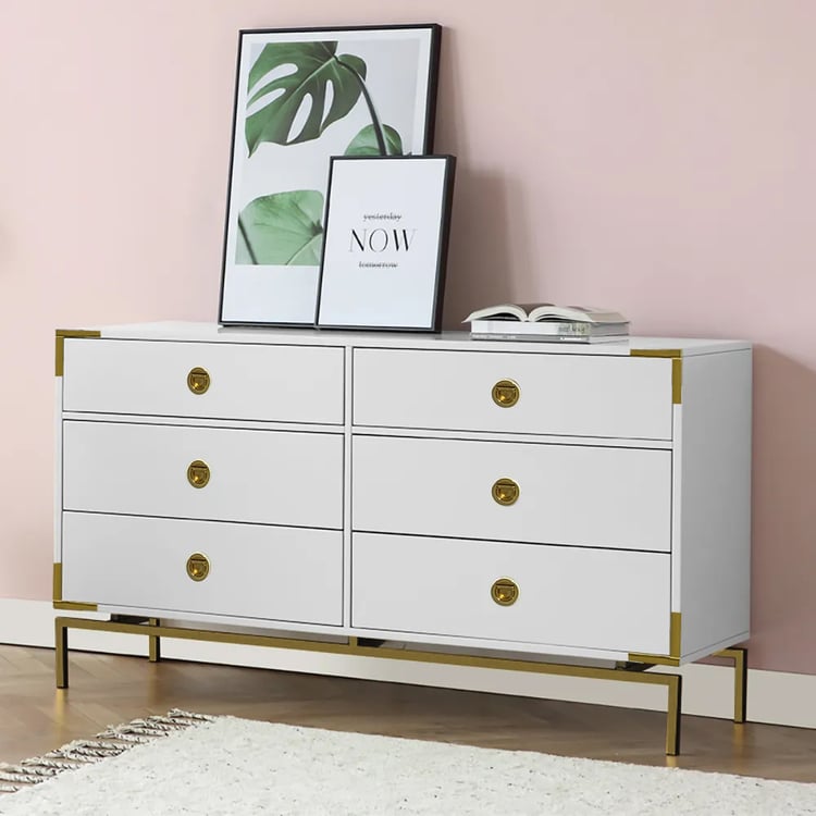 Modern White Double Dresser with 6 Wooden DrawersHomary