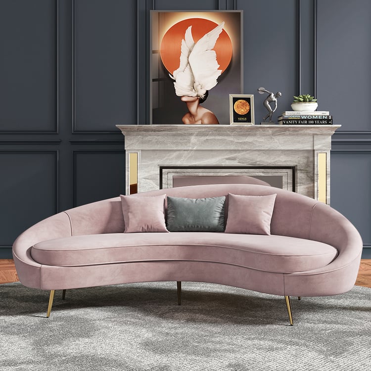 Modernes, geschwungenes Sofa aus rosafarbenem Samt, 2400 mm, goldfarbene Edelstahlbeine mit Kissen|Homary DE