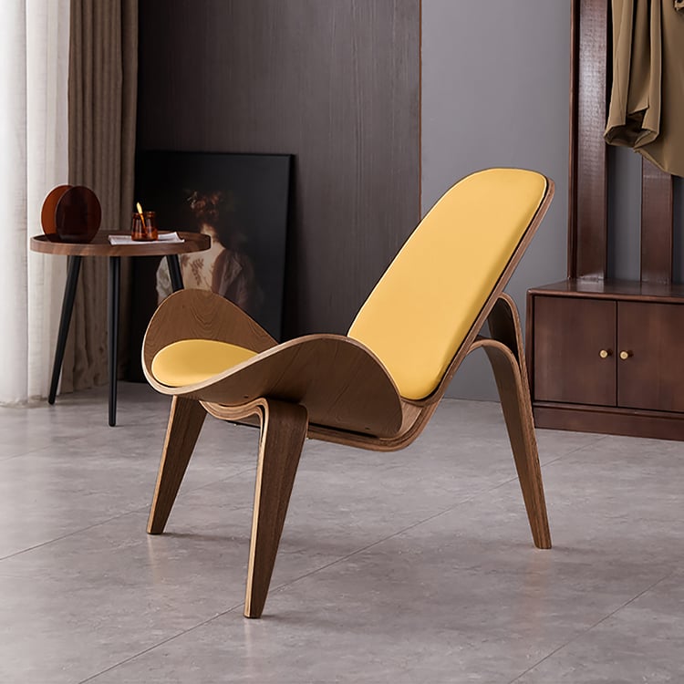 Walnut Tripod Accent Chair, Yellow Leather Lounge Chair for Living