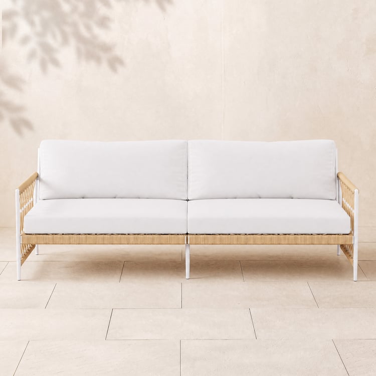Canapé d'extérieur Roppipe en corde tissée, canapé 3 places avec coussin en polyester blanc
