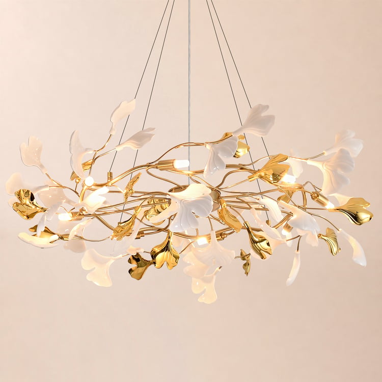 Martly 8-Light Art Deco Ginkgo Leaves Chandelier White & Gold Metal Ceiling Light