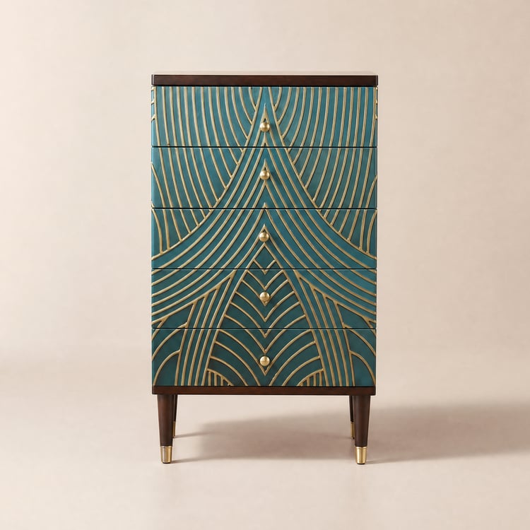 Novel Blue Cabinet Gold-Painted 5-Drawer Chest in Large