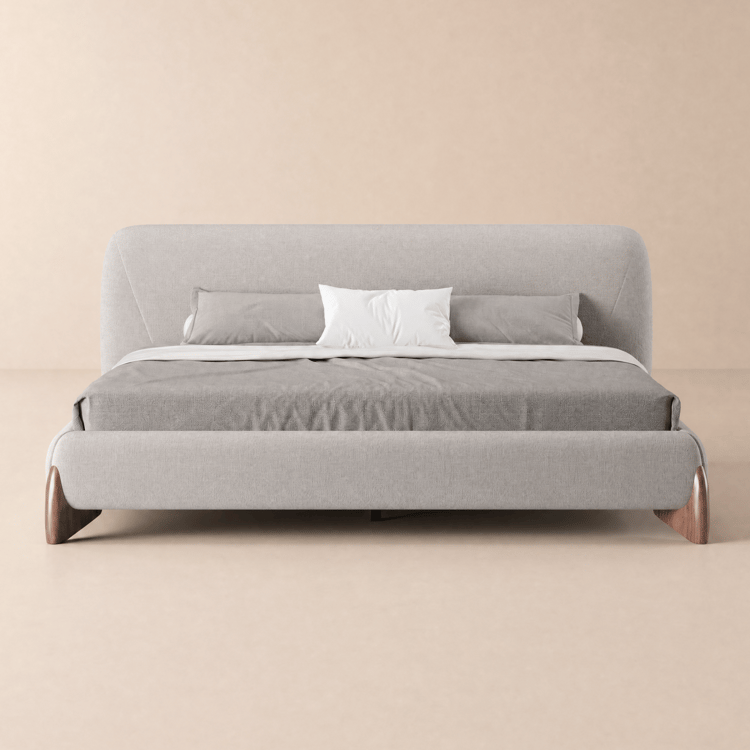 Curva King Linen Upholstered Platform Bed with Walnut Legs