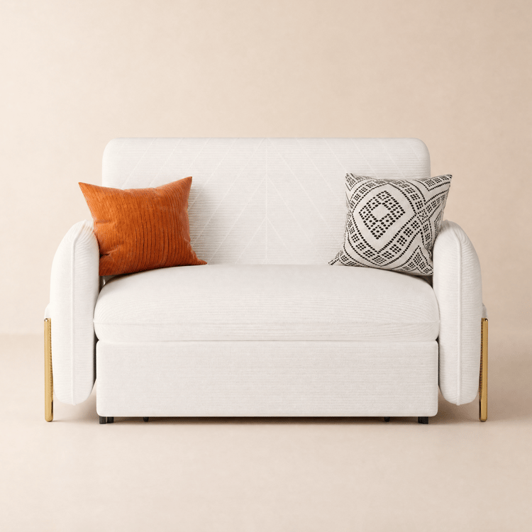 135 cm 1-Seater White Corduroy Convertible Sleeper Sofa with Storage & Pillows
