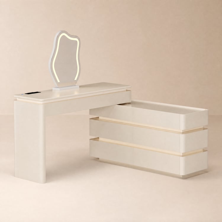 Coiffeuse Lumio escamotable avec miroir LED, station de charge et tiroirs, blanc chaud