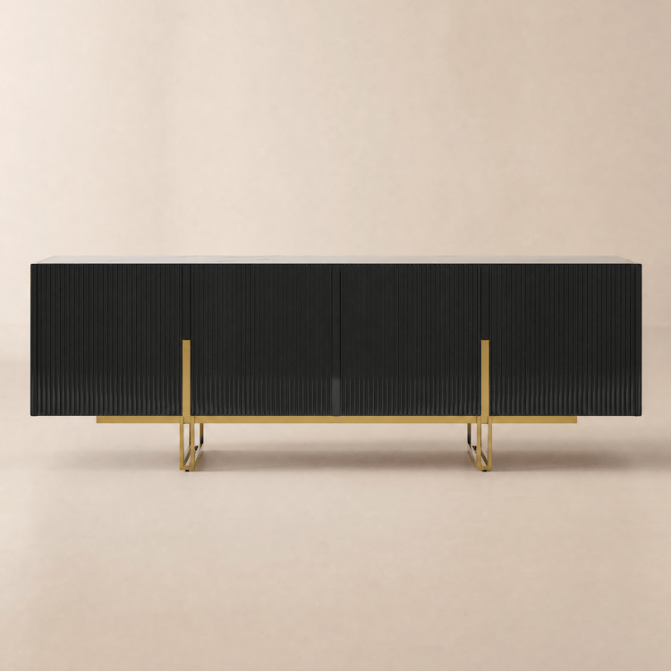 Meuble TV Grovyn 150 cm avec plateau en pierre frittée et design cannelé
