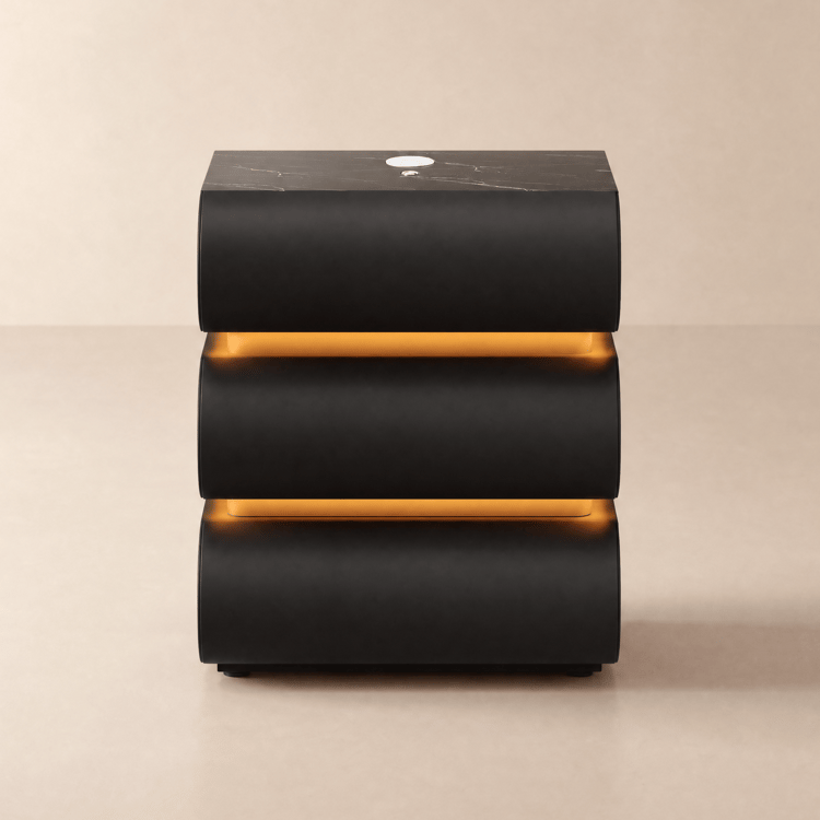 Humply Black Faux Leather 3-Drawer LED Bedside Table with Charging Station