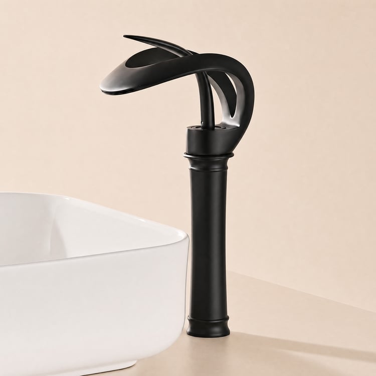 Modern Elegant Waterfall Bathroom Vessel Sink Faucet Single Handle Solid Brass in Black