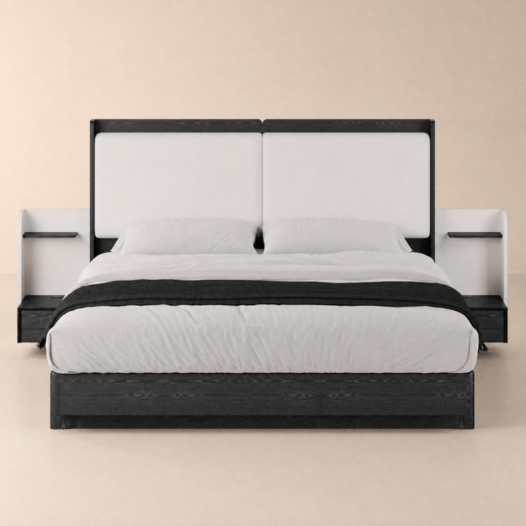Lit King Size en bois massif avec tête de lit prolongée en cuir et ensemble de tables de chevet intelligentes flottantes
