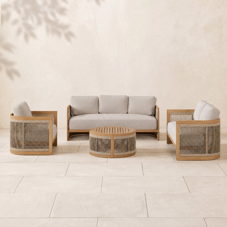 Ensemble de canapé d'extérieur 4 pièces en teck et corde tressée avec table basse pour 6 personnes