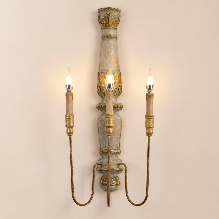 French Country 3-Light Wood Candle Wall Sconce Distressed Carved Design