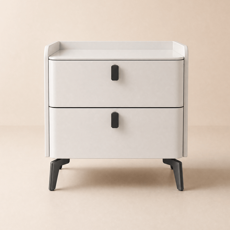 White Leather 2-Drawer Bedside Table with Sintered Stone Top