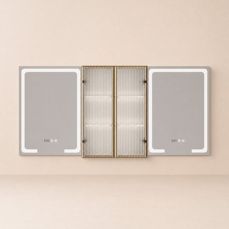 59" LED Lighted Medicine Cabinet Wooden Wall-mounted Bathroom Mirror with Doors