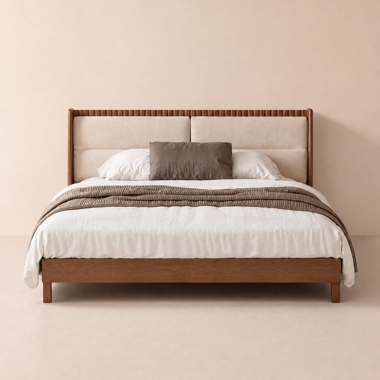 Modern Walnut Queen Size Solid Wood Bed with Boucle Headboard Pillows