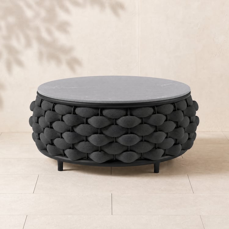 Tatta Modern Top Round Outdoor Coffee Table with Woven Rope Base & Storage in Black