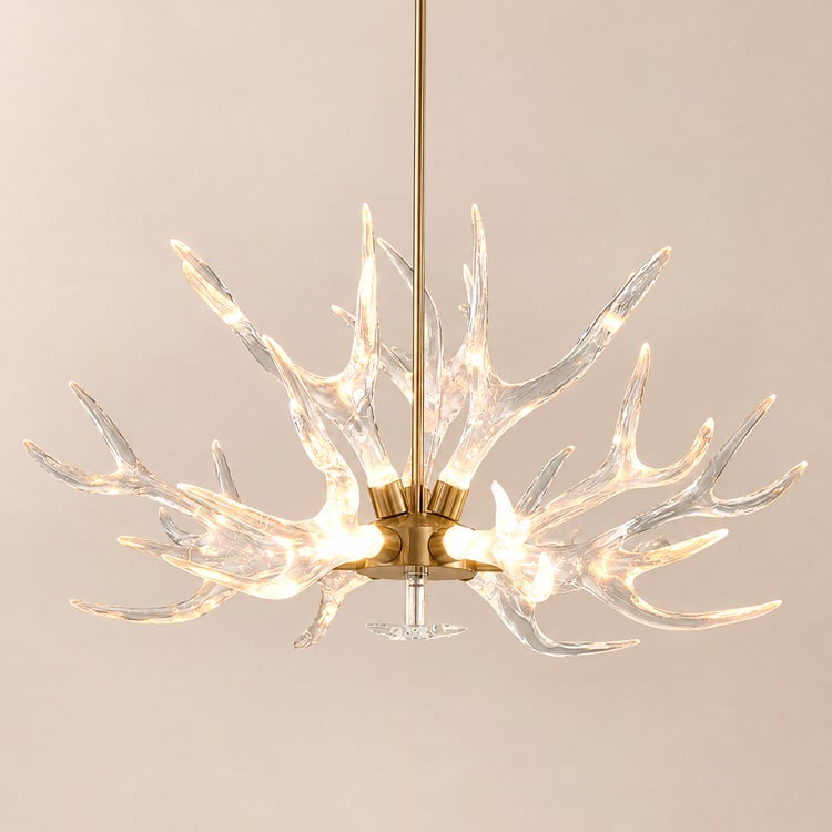 Lustre de plafond en bois de corne de cerf en résine à 9 lumières, doré