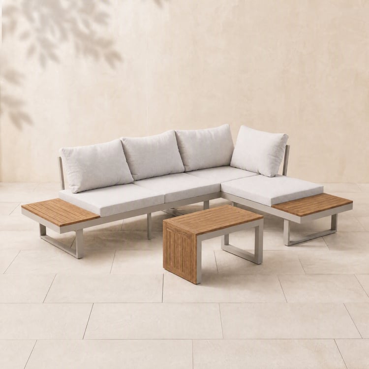 Ensemble de canapé modulaire d'extérieur Slatera en acacia et aluminium gris clair