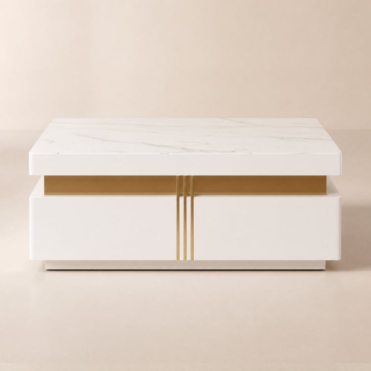 Mesa de centro cuadrada moderna de 110 cm con tapa de piedra sinterizada y 4 cajones en color blanco