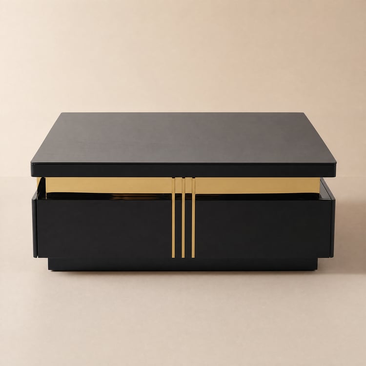Mesa de centro cuadrada moderna de 110 cm con tapa de piedra sinterizada y 4 cajones en color negro