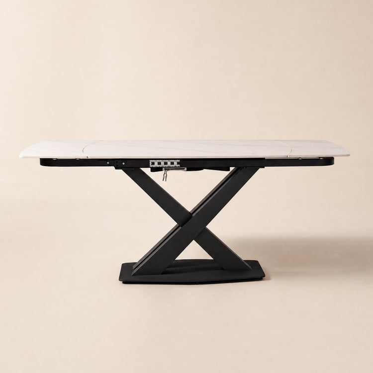 Table à manger moderne et extensible en grès cérame blanc, 1800 mm, avec base en X en forme de feuille pour 4 à 6 personnes