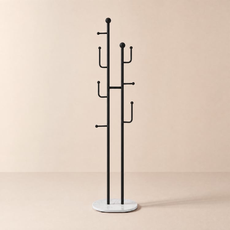 1700 mm hoog zwart modern metalen kledingrek met 7 haken en marmeren onderstel