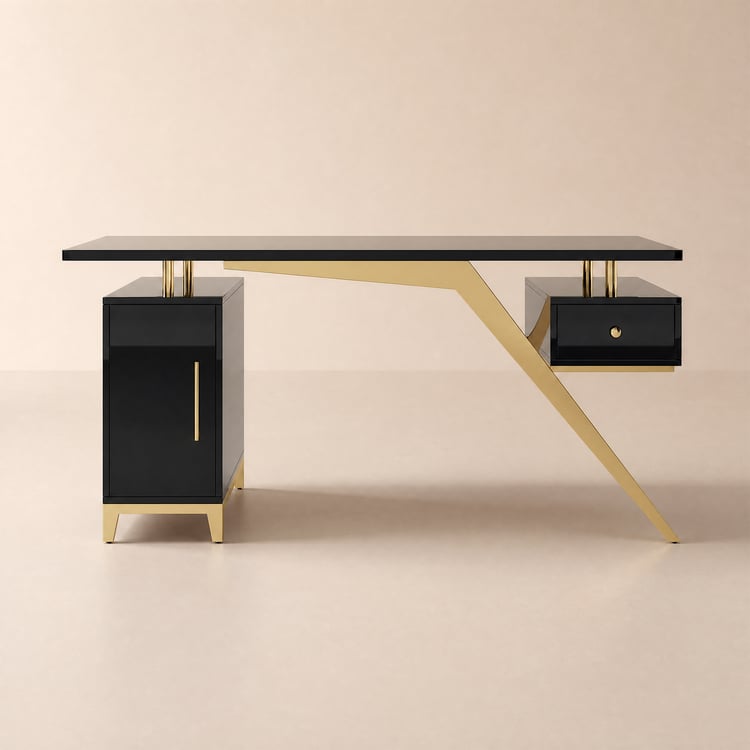 Scrivania Direzionale Nera Rettangolare Moderna Hungled da 180 cm con Mobile Contenitore
